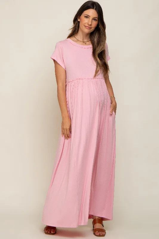 Light Pink Short Sleeve Pocketed Maternity Maxi Dress Elegant Floral Maxi Dress