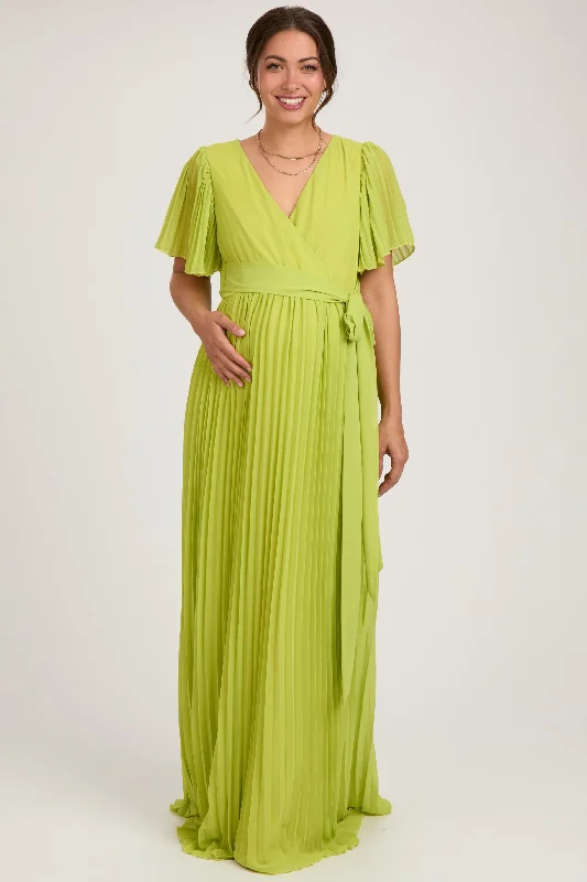 Lime Chiffon Wrap Front V-Neck Short Sleeve Pleated Maternity Maxi Dress Cozy Cold-Shoulder Maxi Dress