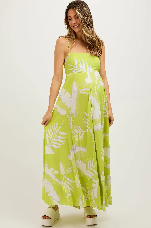 Lime Leaf Print Sleeveless Maternity Maxi Dress Fashionable Halter Neck Maxi Dress