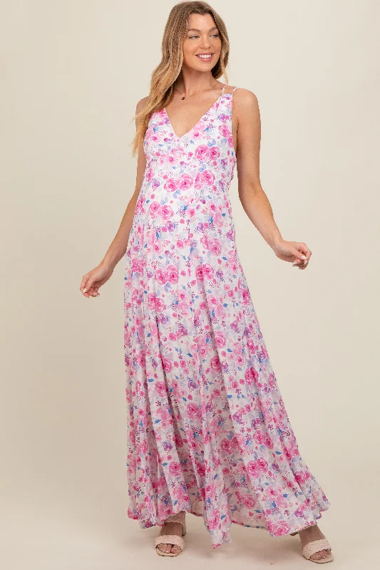 Magenta Floral Crisscross Back Maternity Maxi Dress Elegant Tiered Maxi Dress