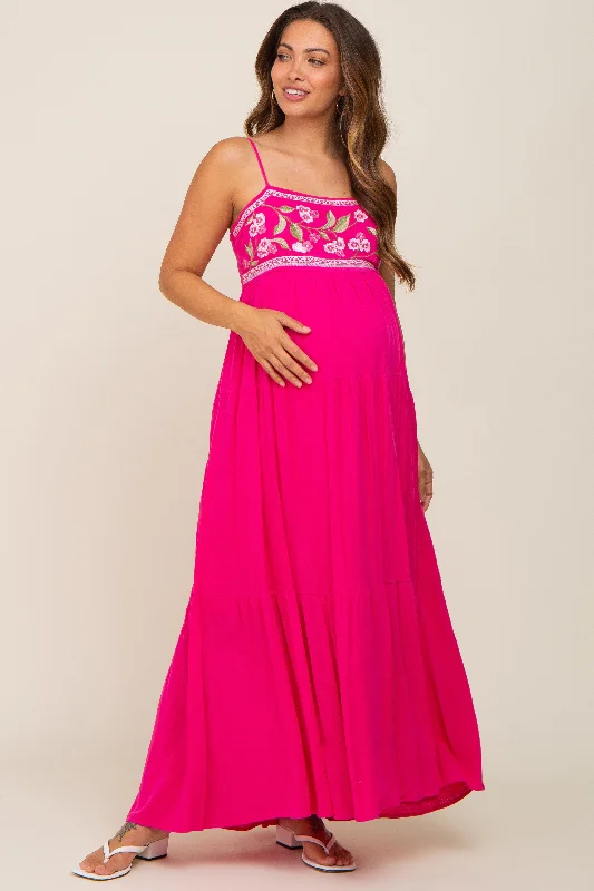 Magenta Floral Embroidery Maternity Maxi Dress Trendy A-Line Maxi Dress