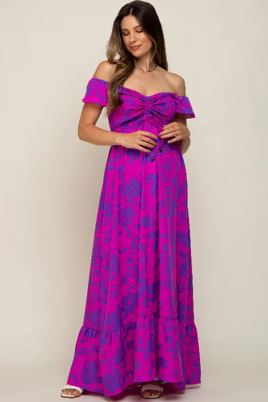 Magenta Floral Smocked Cinched Top Maternity Maxi Dress Comfortable Casual Maxi Dress