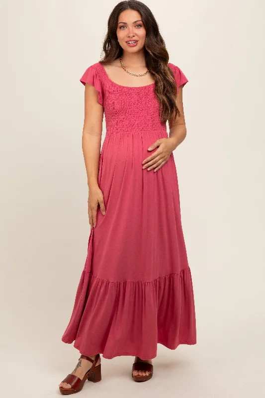 Magenta Smocked Ruffle Hem Maternity Maxi Dress Stylish Boho Maxi Dress