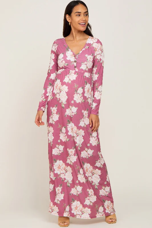 Mauve Floral Button Front Maternity Maxi Dress Comfortable T-Shirt Maxi Dress