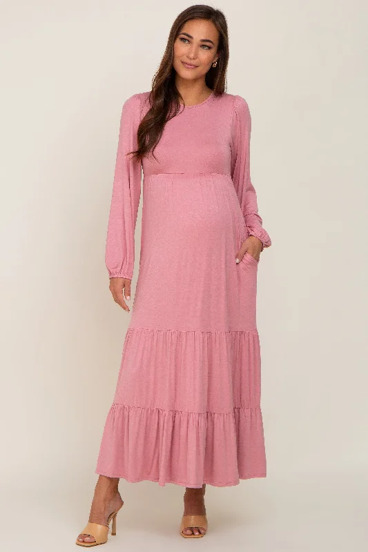 Mauve Long Sleeve Tiered Maternity Maxi Dress Trendy Printed Maxi Dress