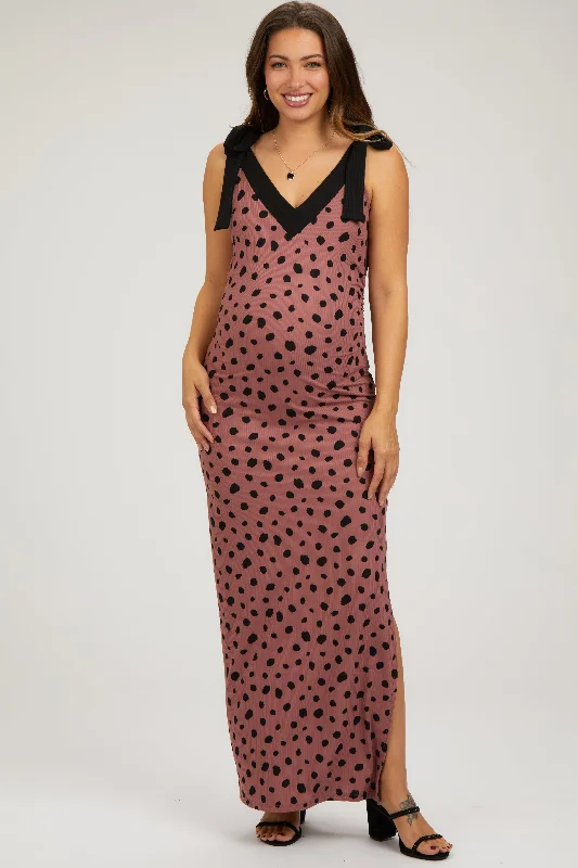 Mauve Ribbed Polka Dot Shoulder Tie Maternity Maxi Dress Trendy Short Sleeve Maxi Dress