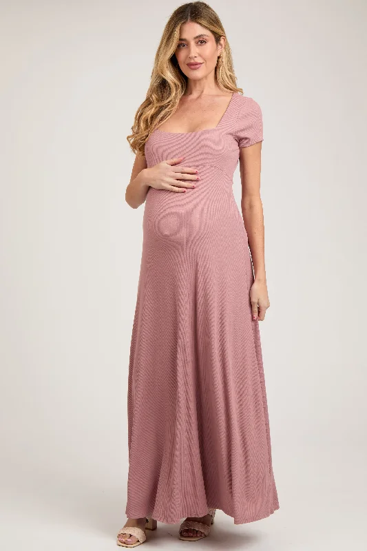 Mauve Ribbed Square Neck Short Sleeve Maternity Maxi Dress Fashionable Button-Down Maxi Dress