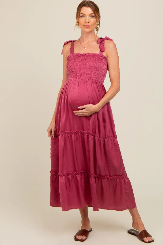 Mauve Satin Smocked Maternity Maxi Dress Comfortable Long-Sleeve Maxi Dress