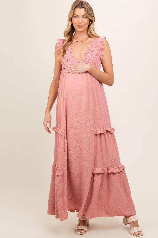 Mauve Smocked Ruffle V-Neck Maternity Maxi Dress Stylish Maxi Dress with Frills