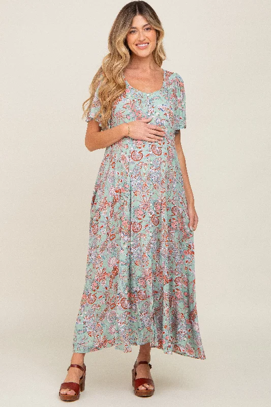 Mint Green Floral Button Front Short Flutter Sleeve Maternity Maxi Dress Chic Button-Up Maxi Dress