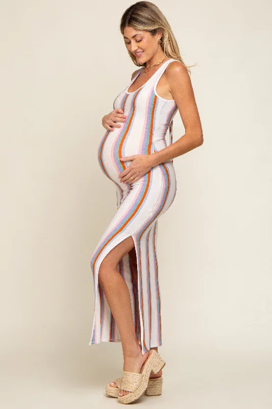 Multi Color Striped Open Back Maternity Maxi Dress Comfortable Fit-and-Flare Maxi Dress