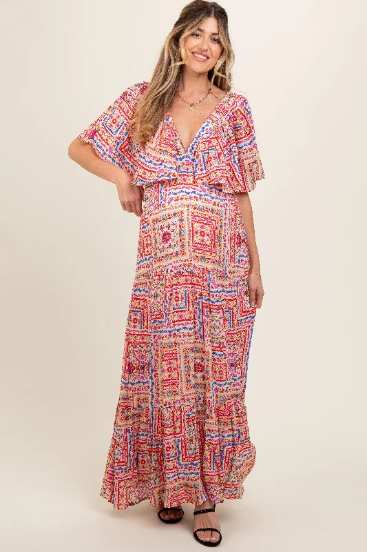 Multicolor Floral Deep V-Neck Tiered Maternity Maxi Dress Chic Button-Up Maxi Dress