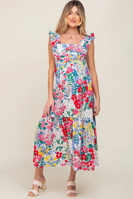 Multicolor Floral Ruffle Accent Maternity Maxi Dress Elegant Maxi Dress with Slit