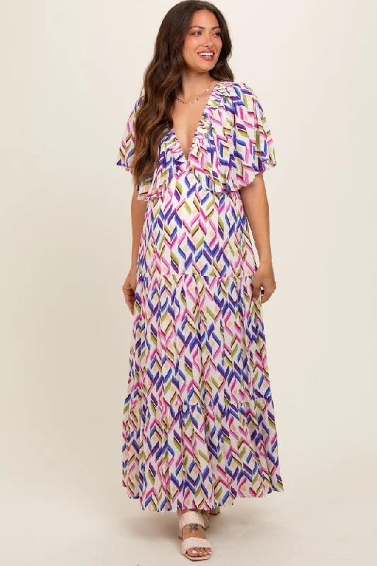 Multicolor Printed Deep V-Neck Tiered Maternity Maxi Dress Trendy Short Sleeve Maxi Dress