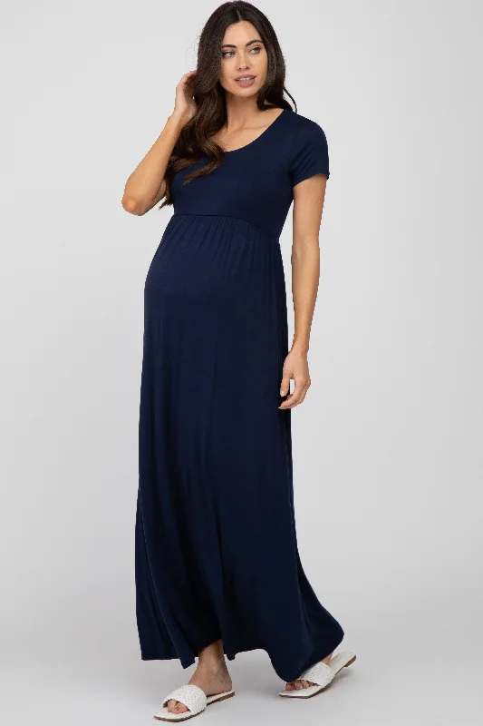 Navy Blue Basic Maternity Maxi Dress Elegant Lace-Up Maxi Dress