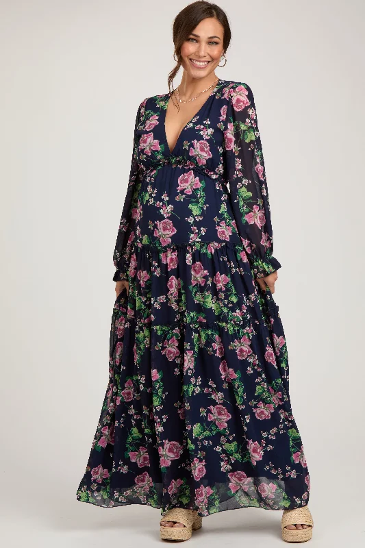 Navy Blue Floral Chiffon Ruffle Tiered Maternity Maxi Dress Cozy Knit Maxi Dress