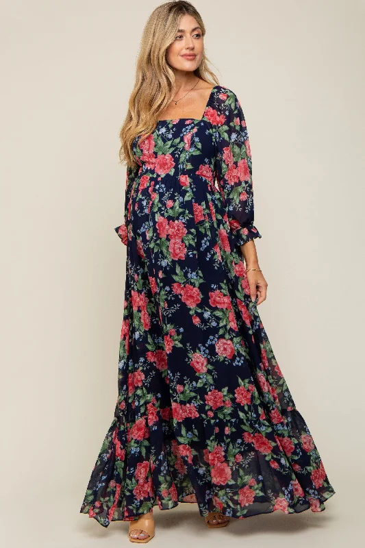 Navy Blue Floral Chiffon Square Neck 3/4 Ruffle Sleeve Maternity Maxi Dress Stylish Button-Up Maxi Dress