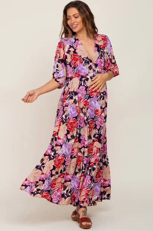 Navy Blue Floral Deep V-Neck Tiered Maternity Maxi Dress Trendy Fit-and-Flare Maxi Dress