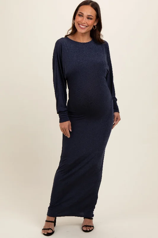 Navy Blue Long Sleeve Open Back Maternity Maxi Dress Elegant Sleeveless Maxi Dress