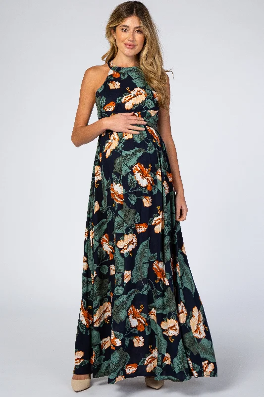 Navy Blue Palm Print Cross Back Maternity Maxi Dress Fashionable Button-Down Maxi Dress