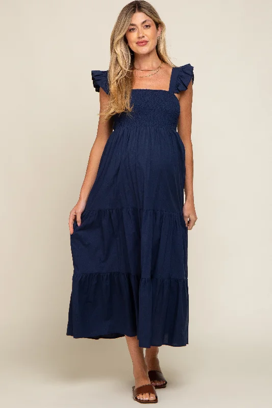 Navy Blue Sleeveless Tiered Maternity Maxi Dress Trendy Printed Maxi Dress