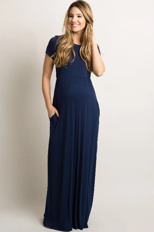 Navy Blue Solid Side Pocket Maternity Maxi Dress Stylish Maxi Dress with Pleats