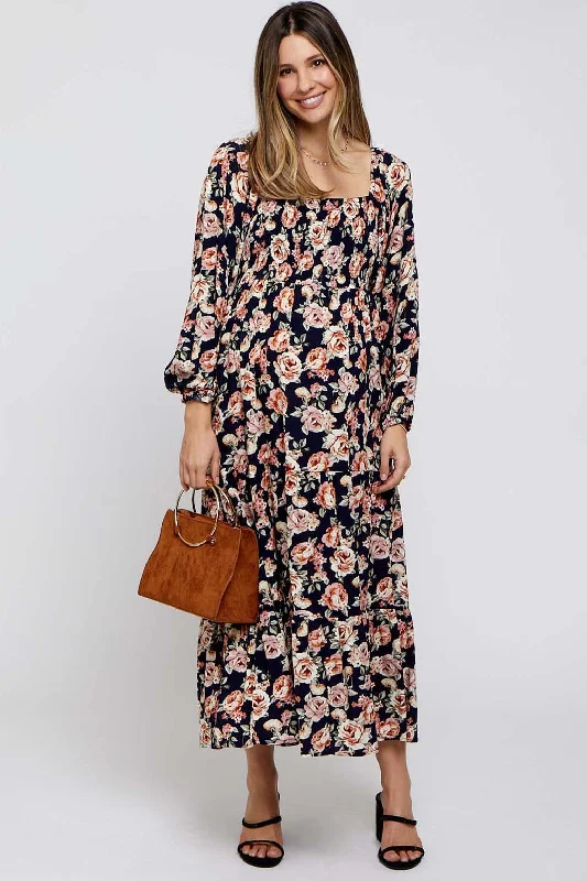 Navy Floral Long Sleeve Maternity Maxi Dress Trendy Maxi Dress with Belt