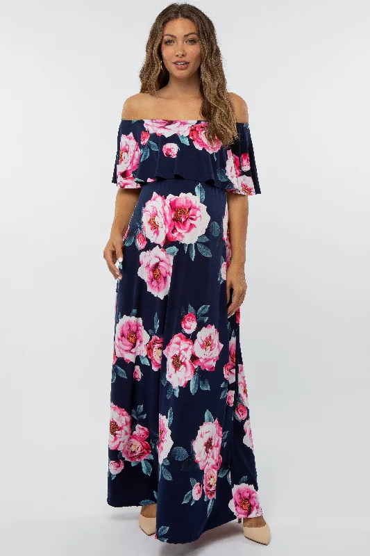 Navy Floral Off Shoulder Flounce Maternity Maxi Dress Elegant Lace Maxi Dress