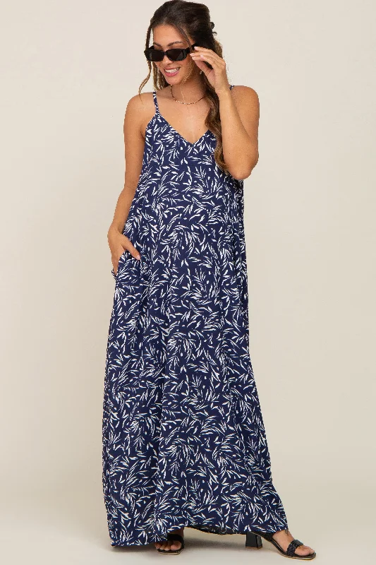 Navy Leaf Print Double V-Neck Maternity Maxi Dress Elegant Lace-Up Maxi Dress