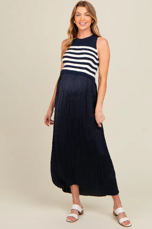 Navy Striped Contrast Knit Maternity Pleated Maxi Dress Comfortable Flowy Maxi Dress