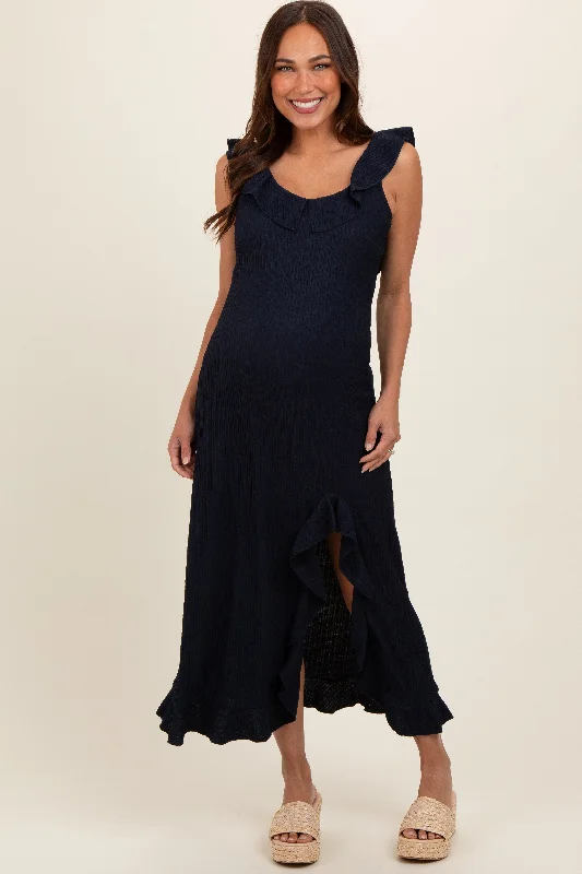 Navy Textured Sleeveless Ruffle Slit Maternity Maxi Dress Elegant Pleated Maxi Dress