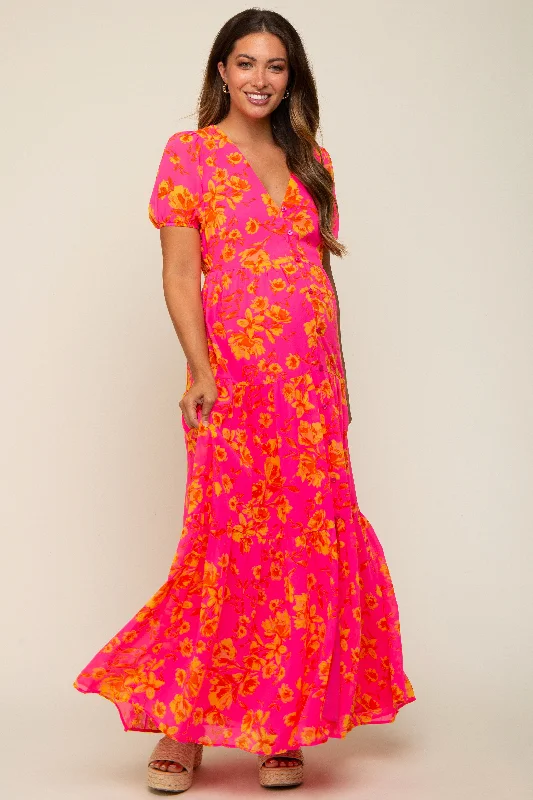 Neon Pink Floral Front Button Tiered Maternity Maxi Dress Fashionable Layered Maxi Dress