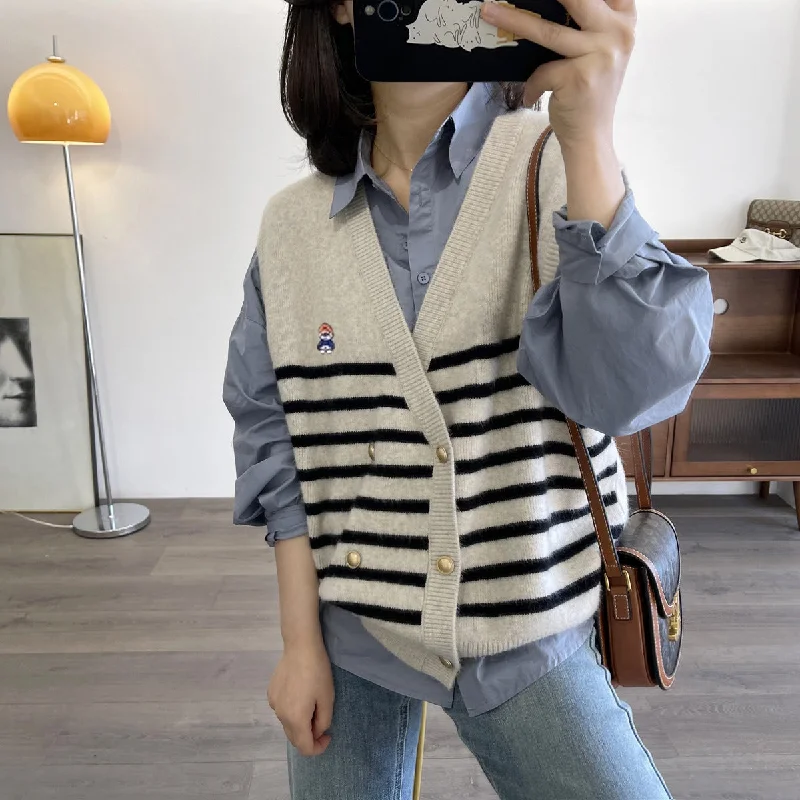 NiDELL Preppy Style Korean Style Double Breasted Striped V-neck Knitted Vest Vest Women's Loose Embroidered Trendy Knitted Cardigan Jacket Print Jacket Jacquard Jacket Embroidered Jacket