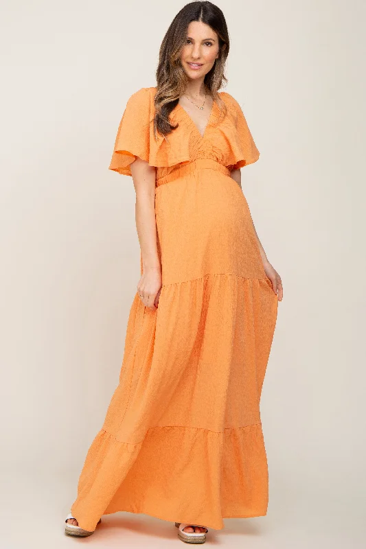 Orange Crepe Flounce Sleeve Tiered Maternity Maxi Dress Fashionable Maxi Dress with Fringe