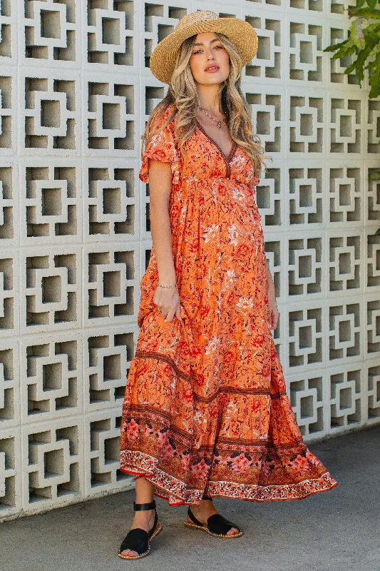 Orange Floral Flounce Sleeve Maternity Maxi Dress Elegant Maxi Dress with Belt