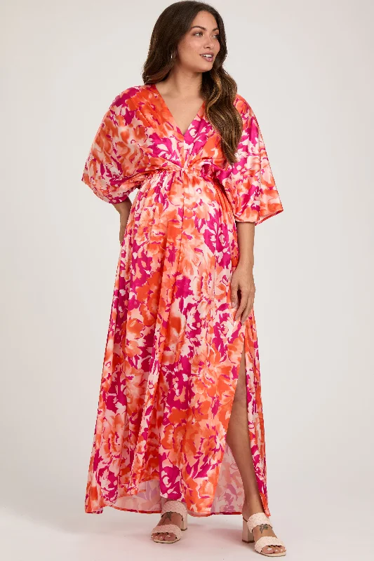 Orange Floral Satin V-Neck Maternity Maxi Dress Chic Button-Up Maxi Dress