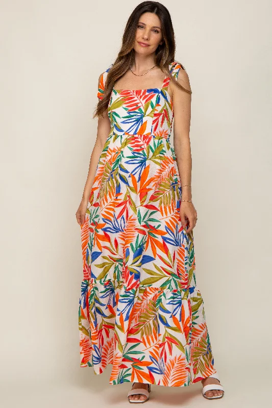 Orange Multi-Color Palm Print Shoulder Tie Maternity Maxi Dress Trendy Ruffled Maxi Dress