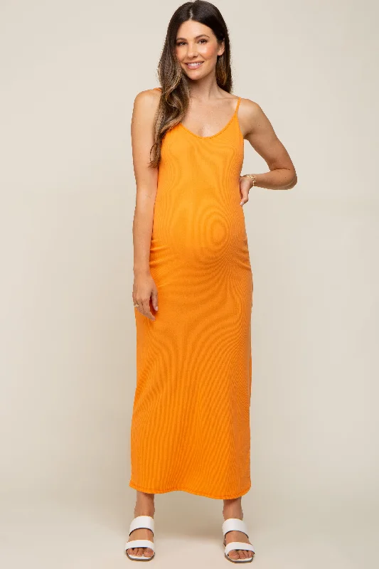 Orange Ribbed Sleeveless Maternity Maxi Dress Comfortable Maxi Dress with Slits