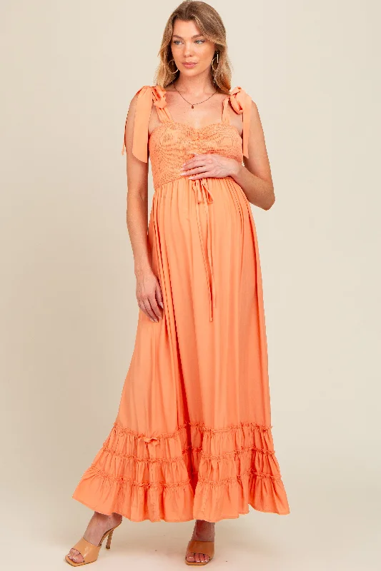 Orange Sweetheart Neck Smocked Shoulder Tie Maternity Maxi Dress Comfortable Pleated Maxi Dress