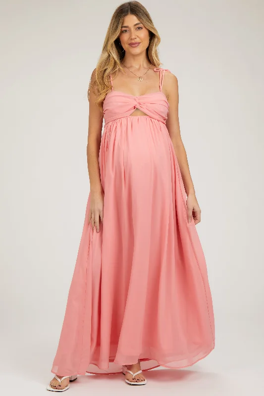 Peach Chiffon Sleeveless Cutout Front Maternity Maxi Dress Trendy Ruffled Maxi Dress