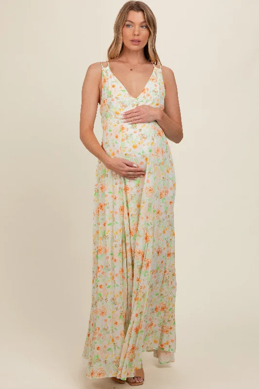 Peach Floral Crisscross Back Maternity Maxi Dress Classic A-Line Maxi Dress