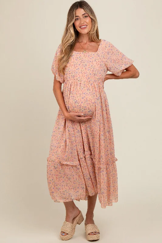 Peach Floral Ruffle Hem Maternity Maxi Dress Comfortable Satin Maxi Dress