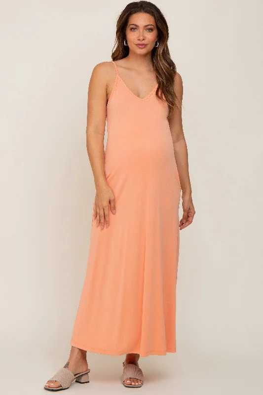 Peach Sleeveless V-Neck Maternity Maxi Dress Elegant Sleeveless Maxi Dress