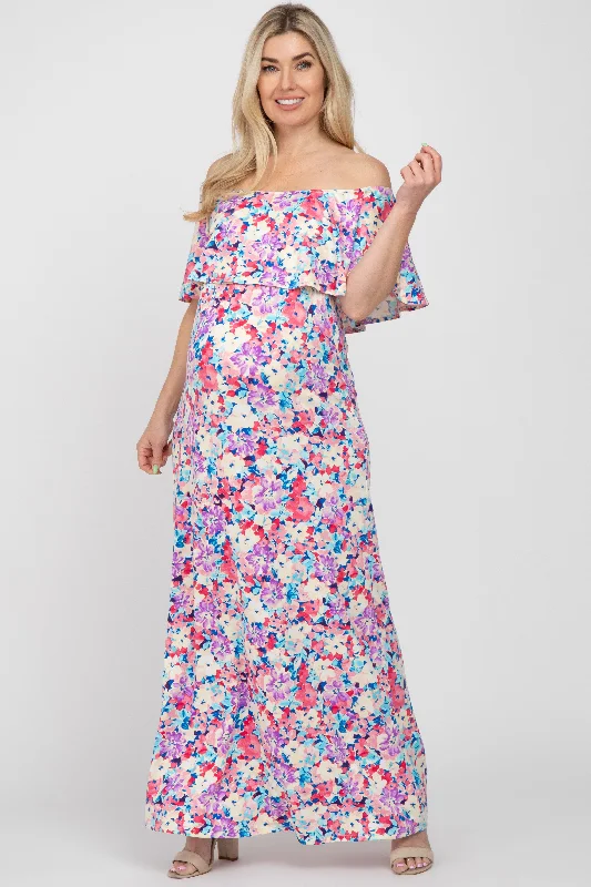 Pink Floral Off Shoulder Maternity Maxi Dress Cozy Cold-Shoulder Maxi Dress