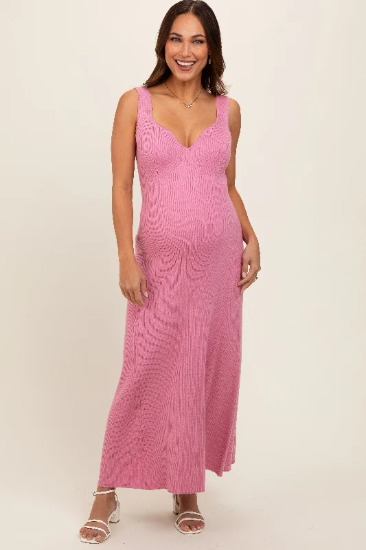 Pink Knit Maternity Deep V-Neck Maternity Maxi Dress Elegant Lace Maxi Dress