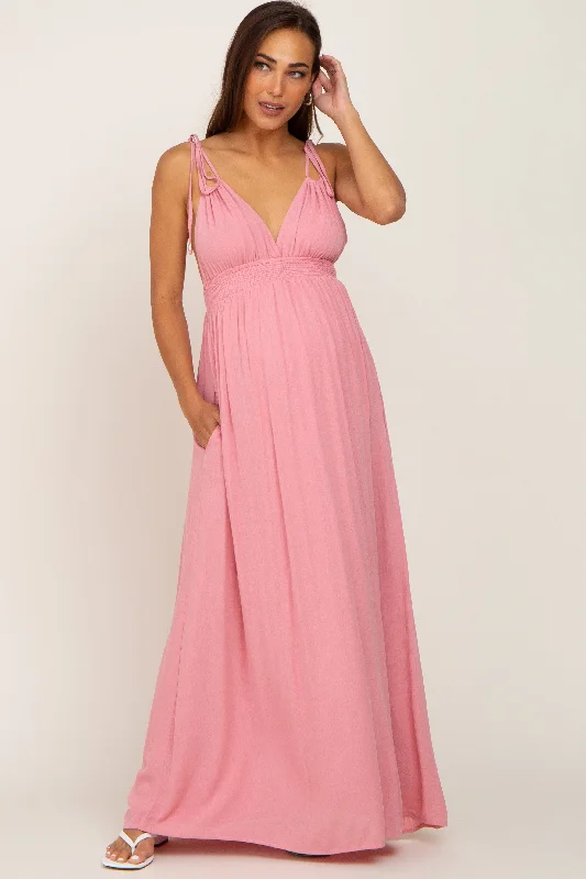 Pink Shoulder Tie Open Back Maternity Maxi Dress Fashionable Halter Neck Maxi Dress