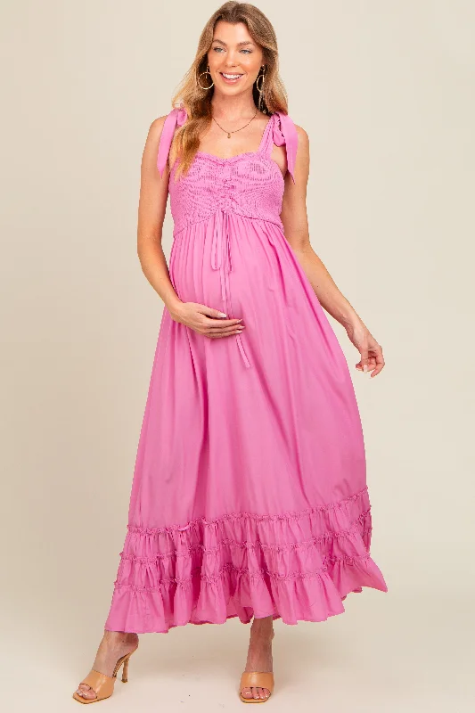 Pink Sweetheart Neck Smocked Shoulder Tie Maternity Maxi Dress Fashionable Halter Neck Maxi Dress