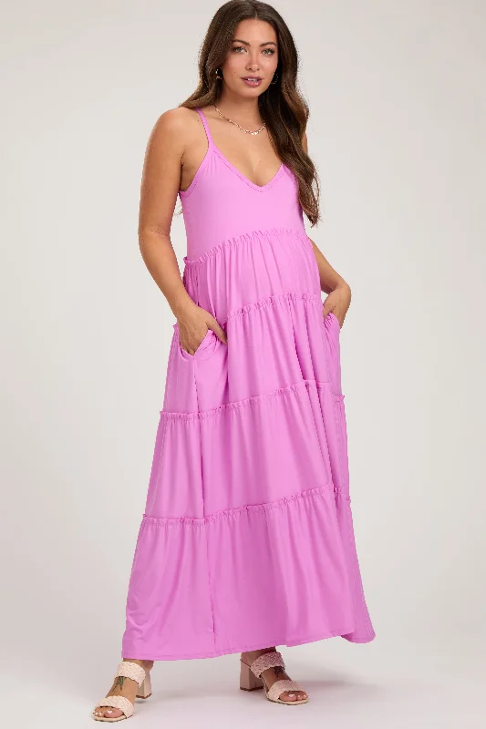 Pink Tiered Sleeveless Maternity Maxi Dress Comfortable Ruffle Hem Maxi Dress