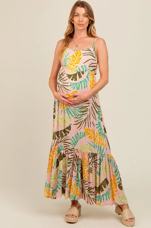 Pink Tropical Print Maternity Maxi Dress Trendy Maxi Dress with Straps