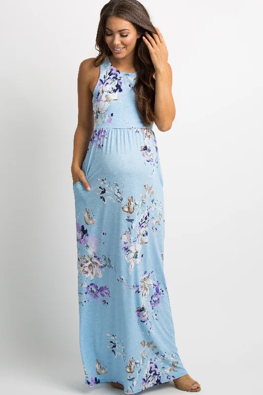 PinkBlush Aqua Floral Sleeveless Maternity Maxi Dress Chic Sleeveless Maxi Dress